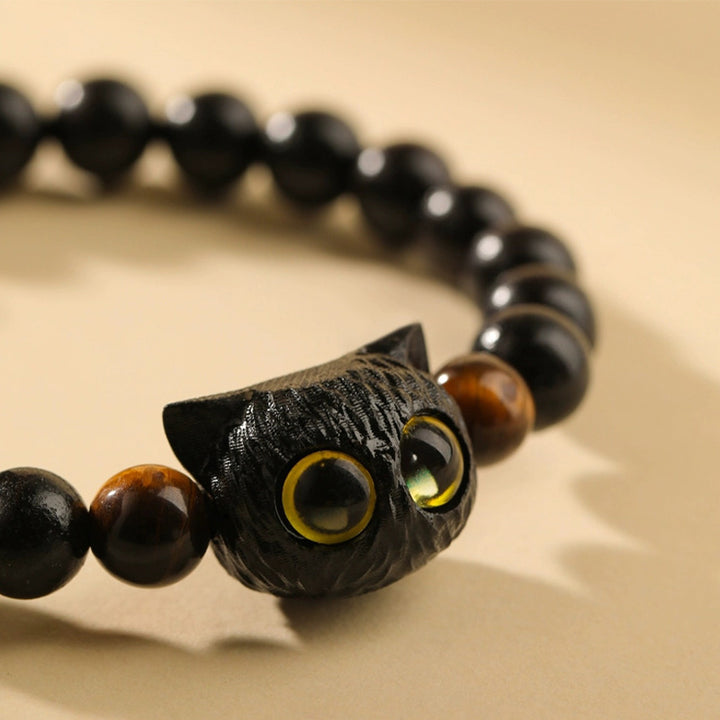 Buddha Stones Cute Ebony Wood Cat Head Pattern Peace Bracelet