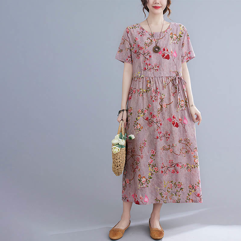 Buddha Stones Flowers Print Midi Dress Cotton Linen Tunic Dress With Pockets