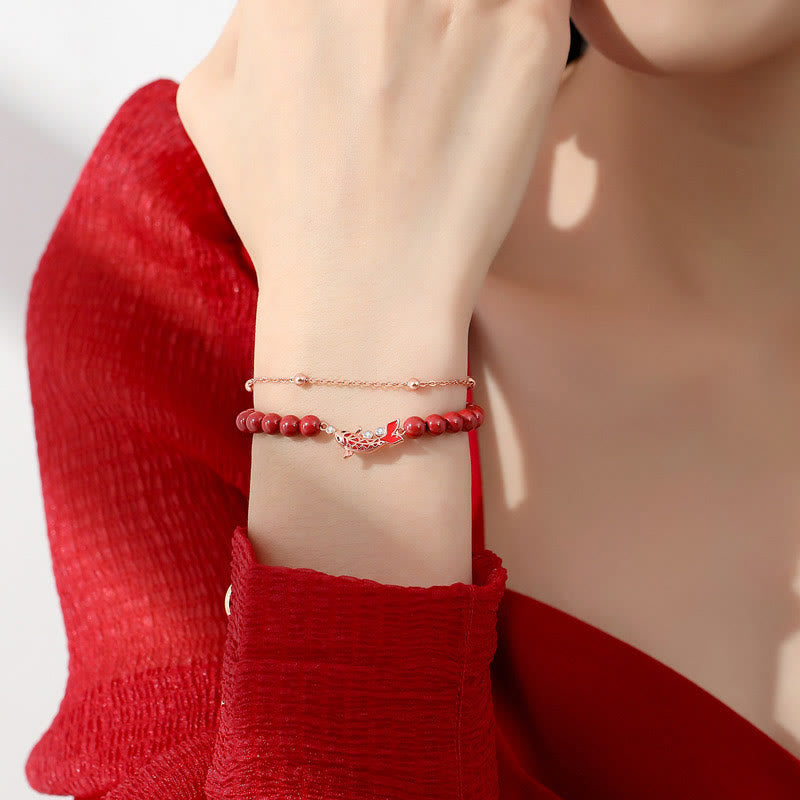 Buddha Stones 925 Sterling Silver Lucky Koi Fish Cinnabar Zircon Prosperity Double Layer Chain Bracelet - image 4