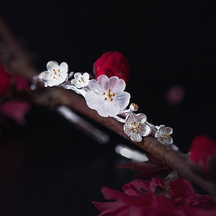 Buddha Stones 925 Sterling Silver Plum Flower Blessing Bracelet Adjustable Bangle - image 2