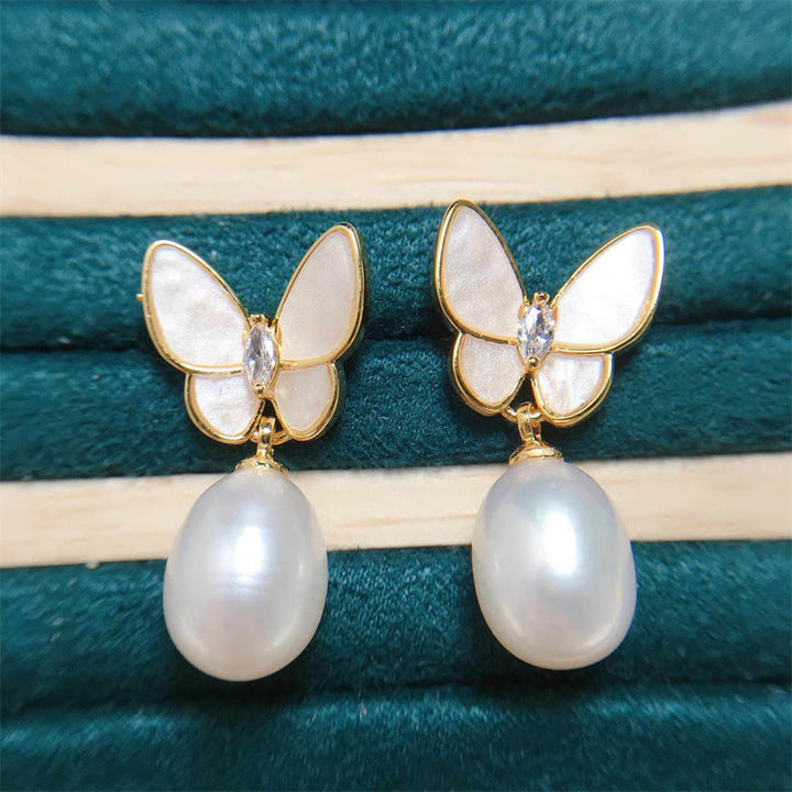 Buddha Stones 925 Sterling Silver Posts 18K Gold Plated Copper Pearl Butterfly Optimism Stud Earrings