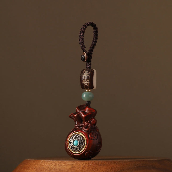 Buddha Stones Small Leaf Red Sandalwood Green Sandalwood Money Bag Om Mani Padme Hum Rotatable Protection Keychain Phone Hanging Decoration - Small Leaf Red Sandalwood(Keep away evil spirits♥Protection) - Key Chain - image 0