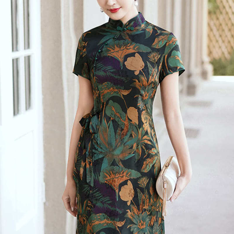 Buddha Stones Silk Qipao Dress Retro Flower Leaf Pattern Women's Cheongsam Dress - image 17