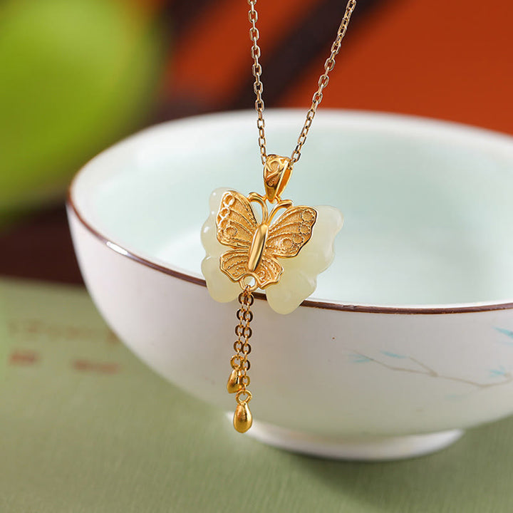 Buddha Stones 925 Sterling Silver Plated Gold Hetian White Jade Butterfly Blessing Necklace Pendant - image 2