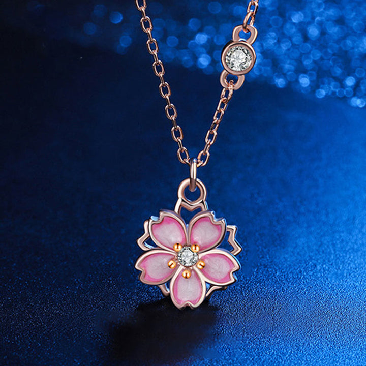Buddha Stones 925 Sterling Silver Cherry Blossom Flower Rotatable Protection Necklace Pendant - Rose Gold Cherry Blossom - image 0