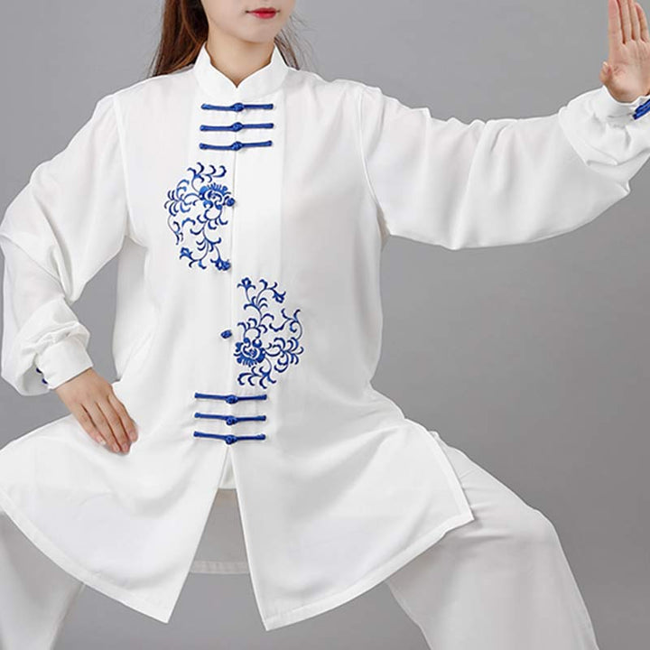 Buddha Stones Flower Embroidery Meditation Prayer Spiritual Zen Tai Chi Qigong Practice Unisex Clothing Set