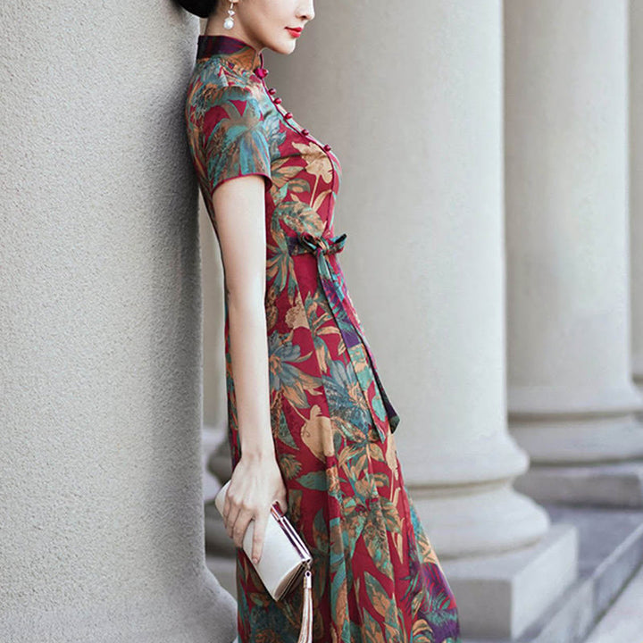 Buddha Stones Silk Qipao Dress Retro Flower Leaf Pattern Women's Cheongsam Dress - image 9