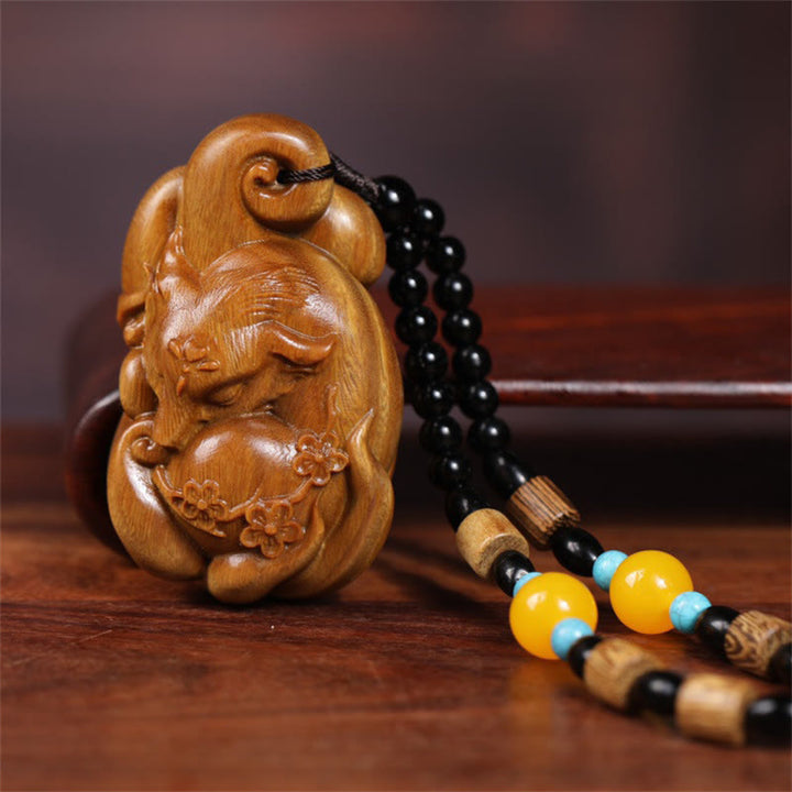 Buddha Stones Mini Nine Tailed Fox Green Sandalwood Peace Decoration Car Hanging Decoration - image 7