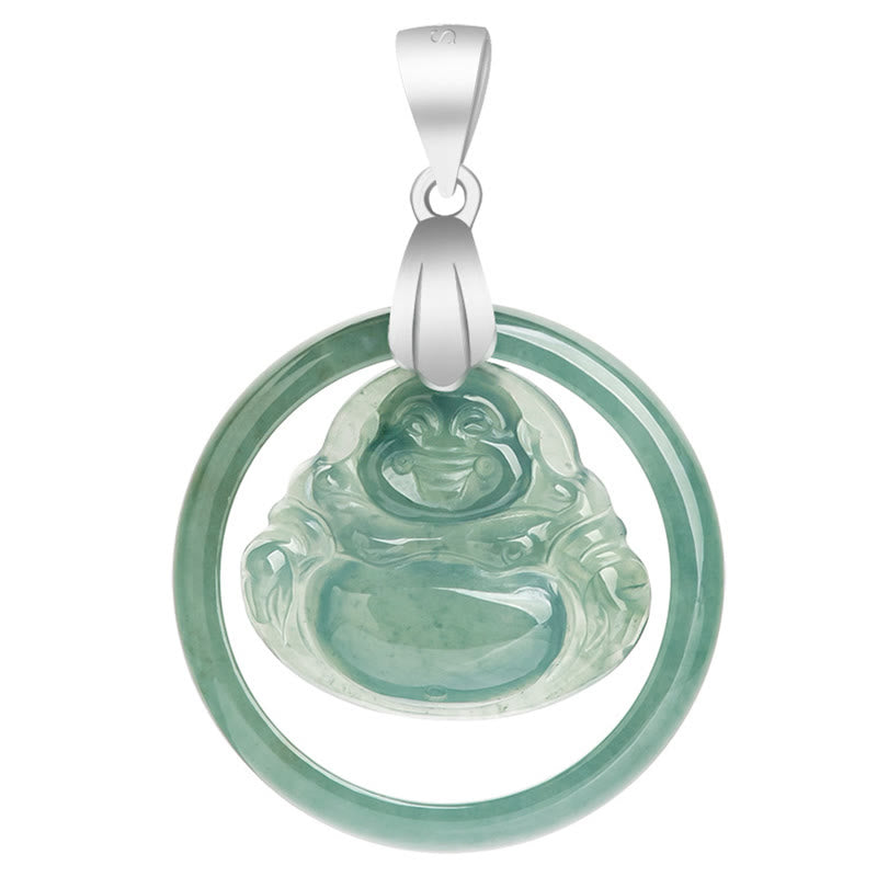 Buddha Stones Natural Jade Round Laughing Buddha Abundance Titanium Steel Chain Necklace Pendant - image 8