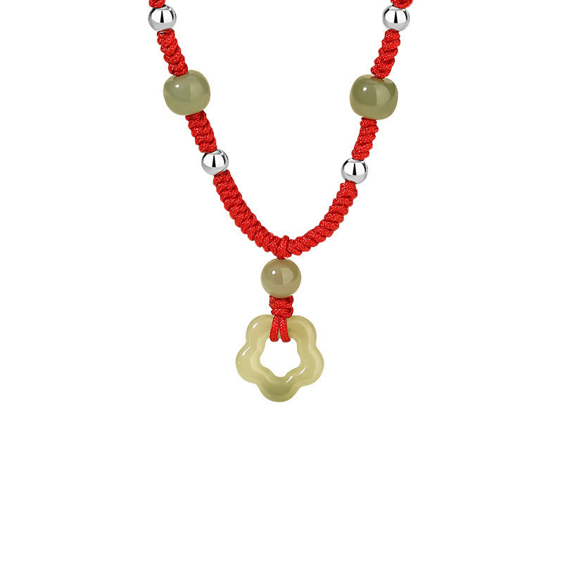 Buddha Stones 925 Sterling Silver Natural Hetian Cyan Jade Flower Pentagram Luck Red Rope Necklace Pendant Bracelet Set