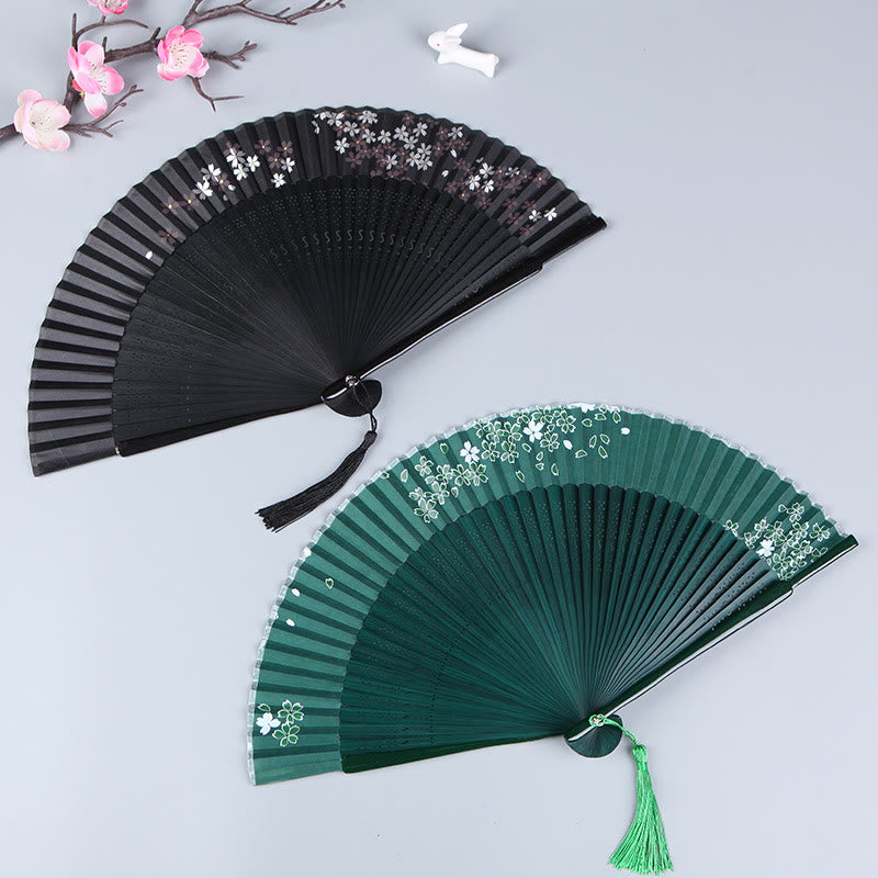 Buddha Stones Cherry Blossom Sakura Camellia Handheld Silk Bamboo Folding Fan 21cm