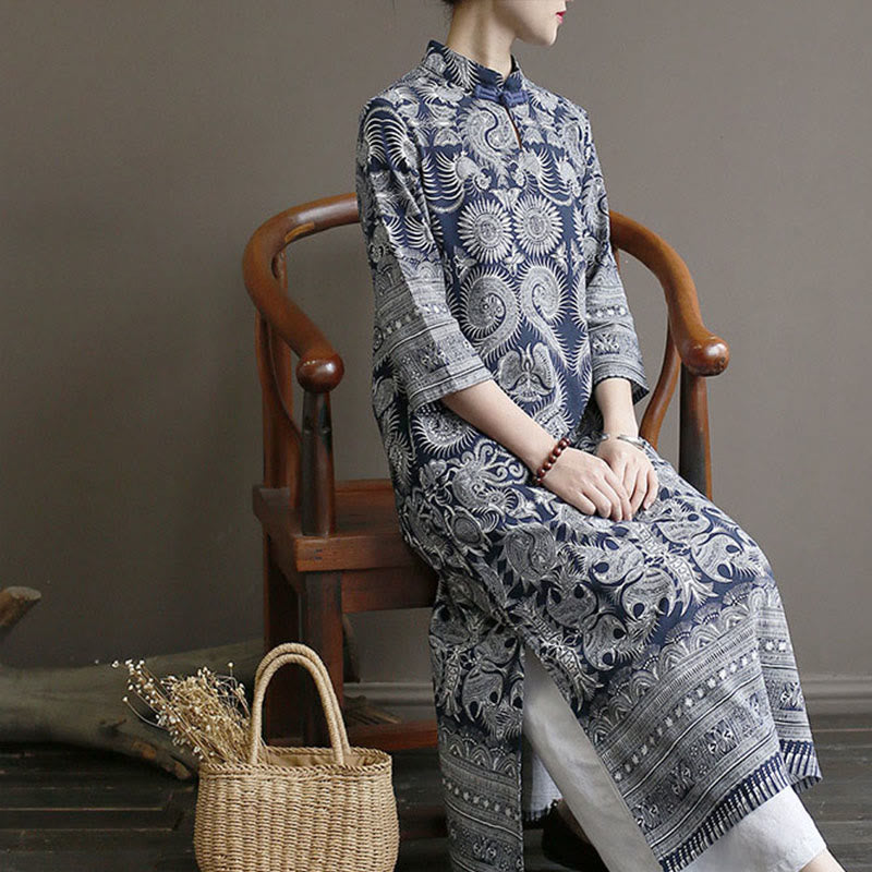 Buddha Stones Blue And White Porcelain Pattern Frog-button Midi Dress Three Quarter Sleeve Linen Batik Dress With Pockets