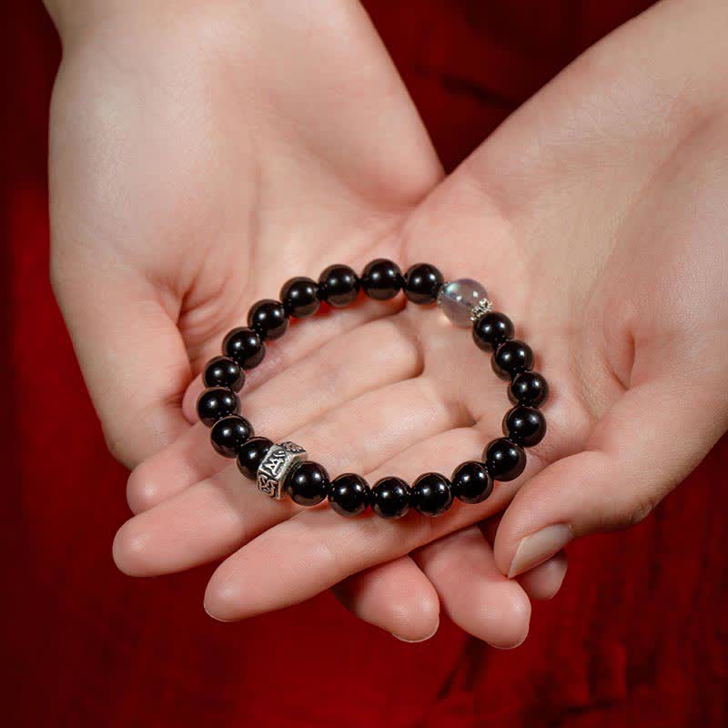 Chinese Zodiac Natal Buddha 925 Sterling Silver Black Obsidian Moonstone Strength Bracelet - image 5
