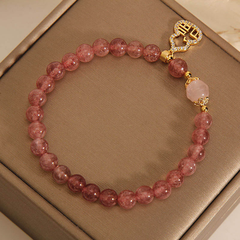 Buddha Stones Strawberry Quartz Gourd Fu Character Charm Positive Bracelet