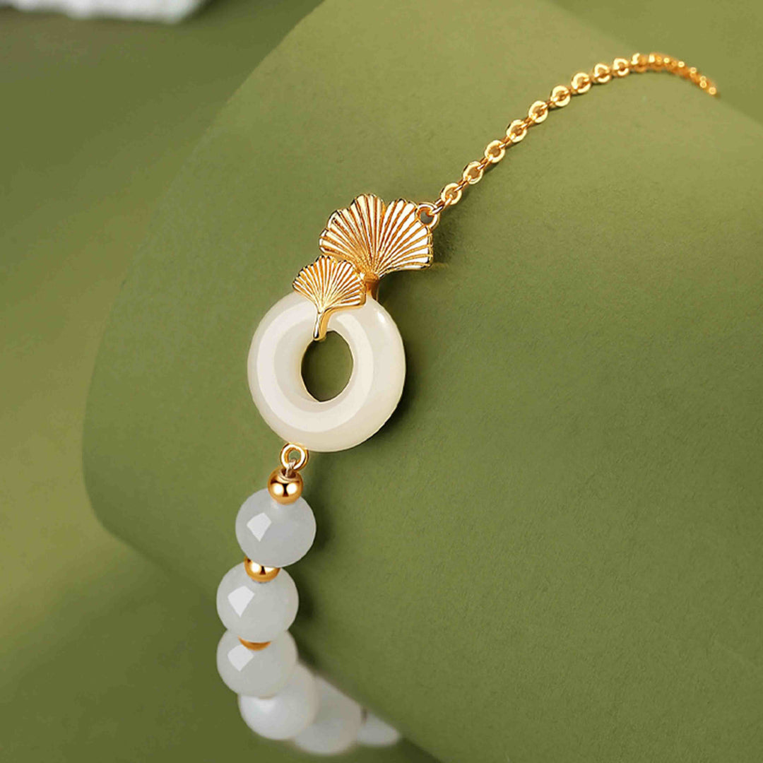 Buddha Stones 925 Sterling Silver Hetian White Jade Peace Buckle Ginkgo Leaf Luck Bracelet - image 3