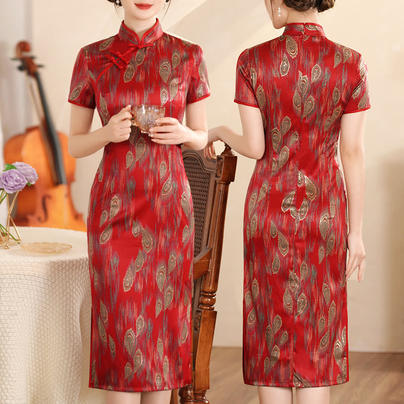 Buddha Stones Retro Flower Lotus Peony Feather Print Qipao Dress Women's Cheongsam Dress - Red Feather - US16，UK/AU20，EU48 (5XL) - image 18