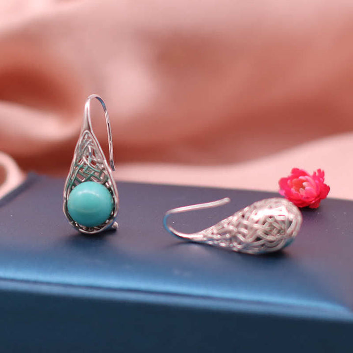 925 Sterling Silver Turquoise Beaded Pattern Protection Drop Dangle Earrings - image 4