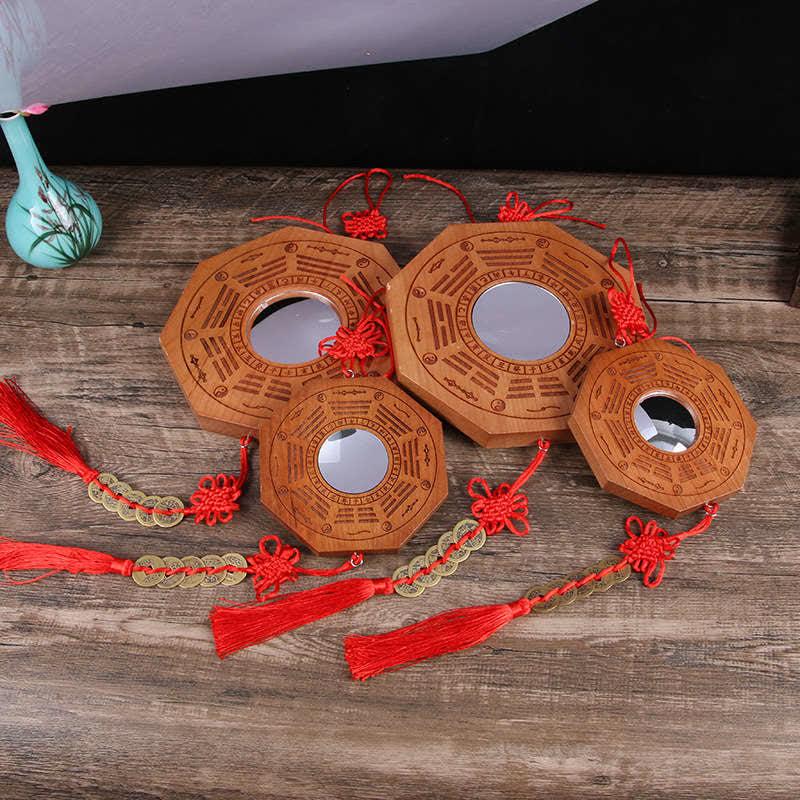 Feng Shui Bagua Map Peach Wood Five-Emperor Coins Chinese Knotting Balance Energy Map Mirror - image 0