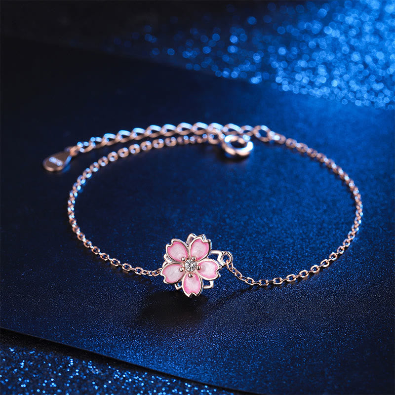 Buddha Stones 925 Sterling Silver Cherry Blossom Blessing Chain Bracelet Rotatable Ring - Bracelet(Wrist Circumference 14-18cm) - image 0