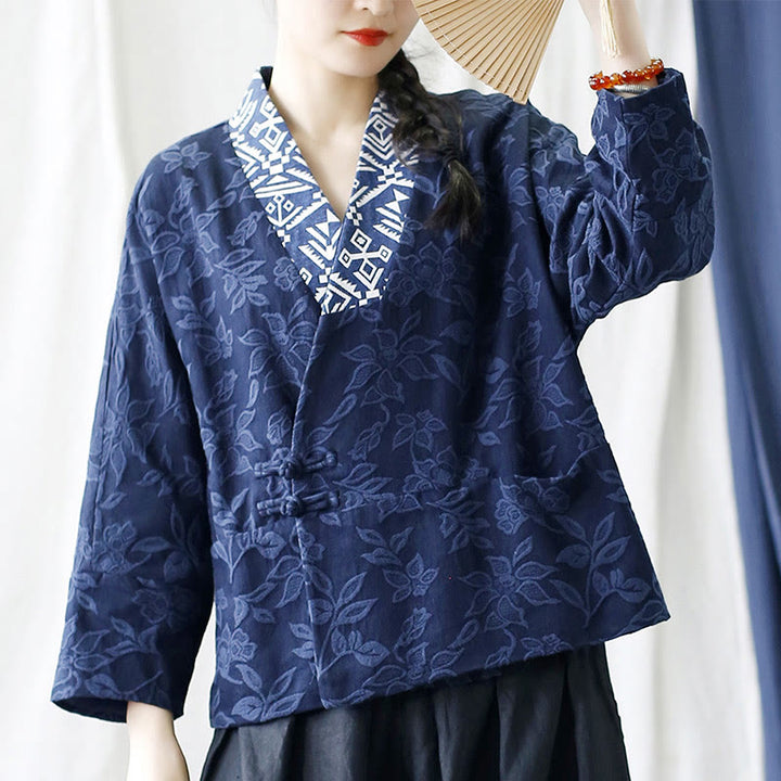 Buddha Stones Flower Jacquard V-Neck Long Sleeve Jacket