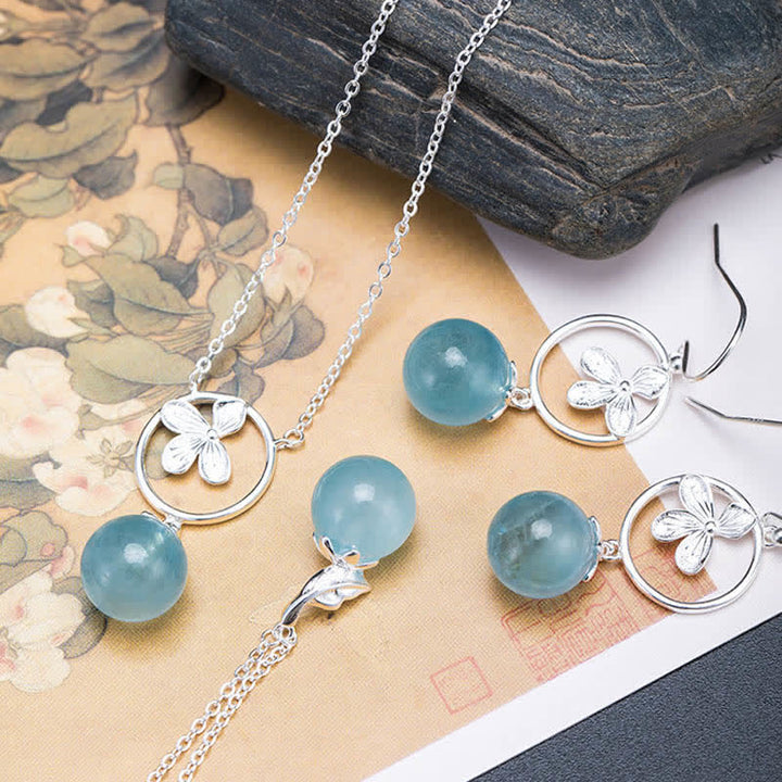 Buddha Stones 925 Sterling Silver Natural Aquamarine Leaf Flower Peace Earrings Necklace - image 1