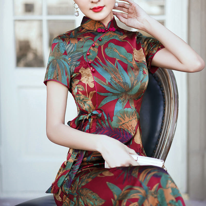 Buddha Stones Silk Qipao Dress Retro Flower Leaf Pattern Women's Cheongsam Dress - image 6
