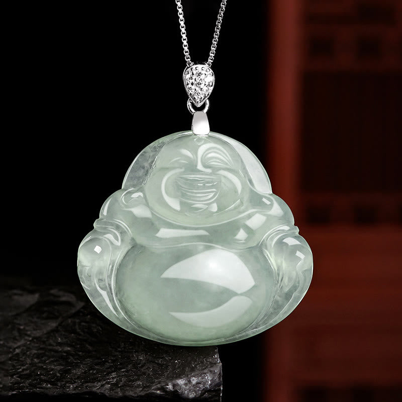 Buddha Stones Natural Jade Laughing Buddha Prosperity Abundance Titanium Steel Chain Necklace Pendant - Laughing Buddha(Happiness♥Wealth) - image 0