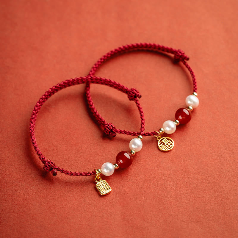 Buddha Stones 925 Sterling Silver Good Fortune Fu Character Agate Pearl Red String Braid Bracelet - image 1