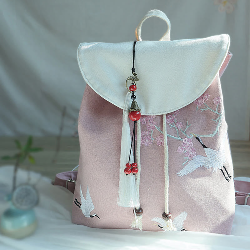 Buddha Stones Handmade Embroidered Large Capacity Canvas Backpack - Cherry White Crane - image 31