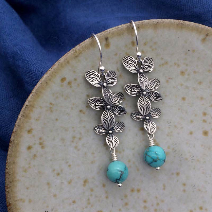 925 Sterling Silver Turquoise Lazurite Flower Leaf Serenity Protection Hook Drop Dangle Earrings - Turquoise&925 Sterling Silver - image 0