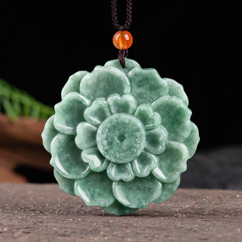 Buddha Stones Lotus Pattern Jade Luck Prosperity Necklace Pendant - Natural Jade(Color May Vary Slightly) - image 0