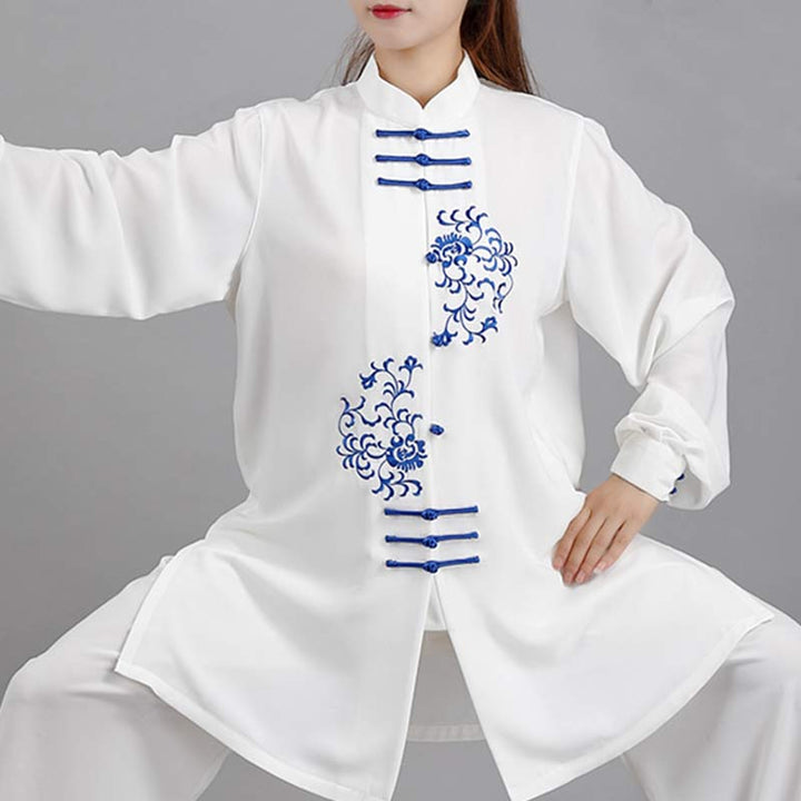 Buddha Stones Flower Embroidery Meditation Prayer Spiritual Zen Tai Chi Qigong Practice Unisex Clothing Set