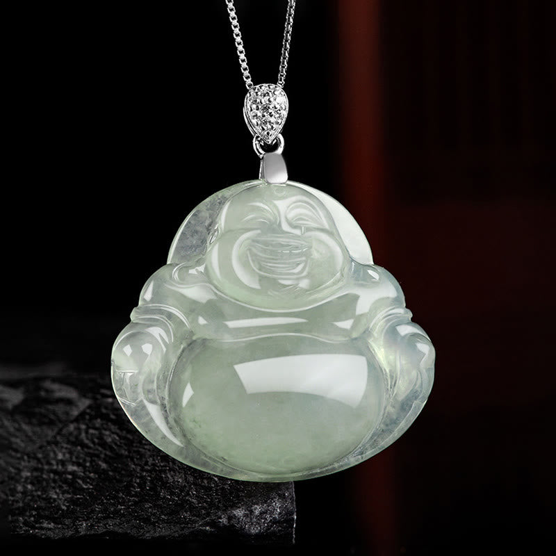 Buddha Stones Natural Jade Laughing Buddha Prosperity Abundance Titanium Steel Chain Necklace Pendant - image 1