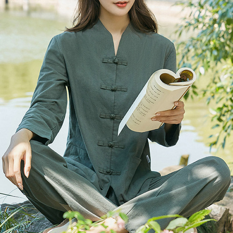Spiritual Zen Practice Yoga Meditation Prayer Uniform Cotton Linen Clothing Women's Set - Dark Green - US18，UK/AU22，EU50 (6XL) - image 1