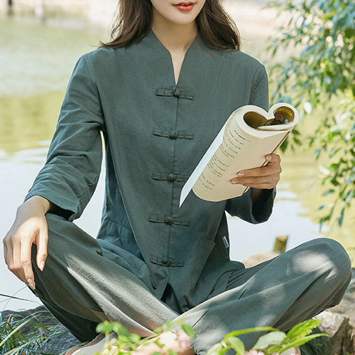 Spiritual Zen Practice Yoga Meditation Prayer Uniform Cotton Linen Clothing Women's Set - Dark Green - US18，UK/AU22，EU50 (6XL) - image 1