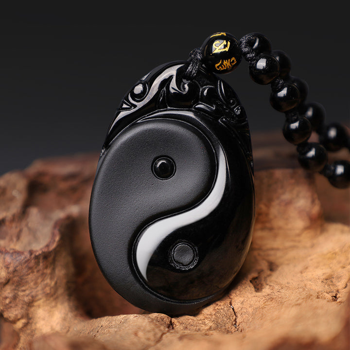 Buddha Stones Natural Black Obsidian Yin Yang Fulfilment Strength Necklace Pendant