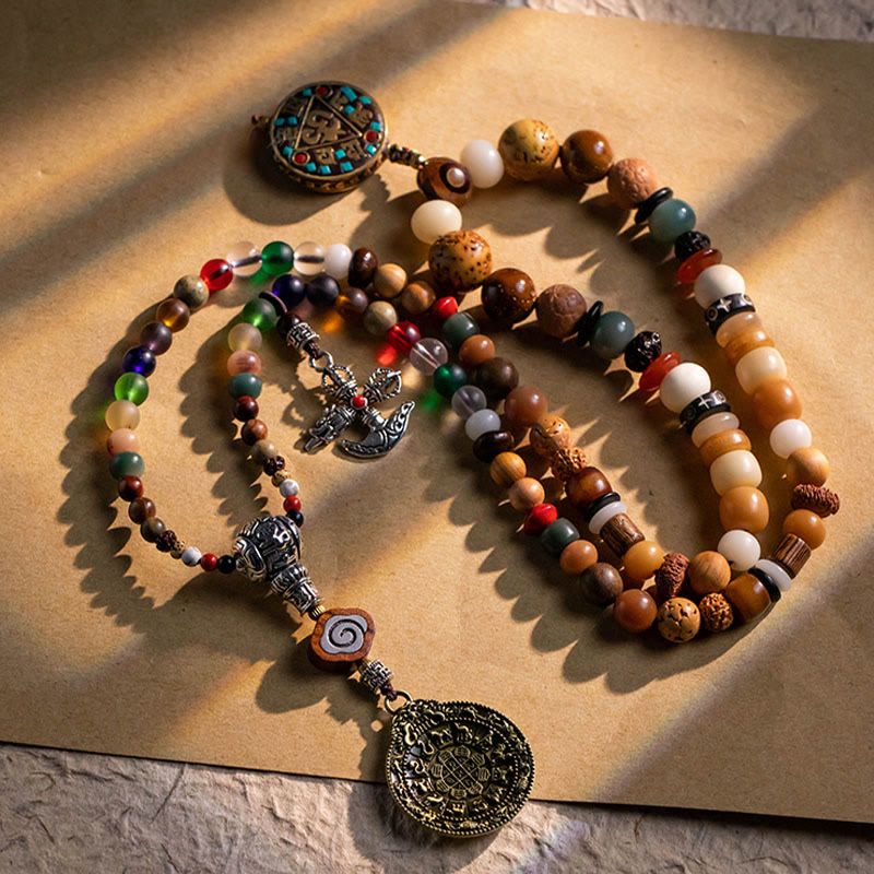 Buddha Stones Tibetan 108 Mala Beads Bodhi Seed Buddha Head Nine Palaces Eight Diagrams OM Wisdom Bracelet