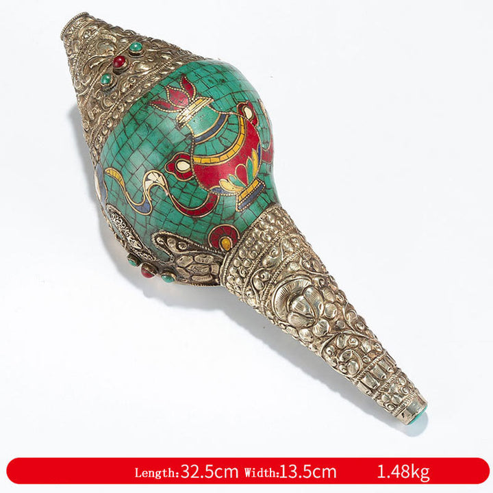 Tibetan Handmade Shankha Om Mani Padme Hum Buddha Avalokitesvara Turquoise Conch Shell Positive Decoration - Eight Auspicious Symbols-Vase 32.5*13.5cm - image 27