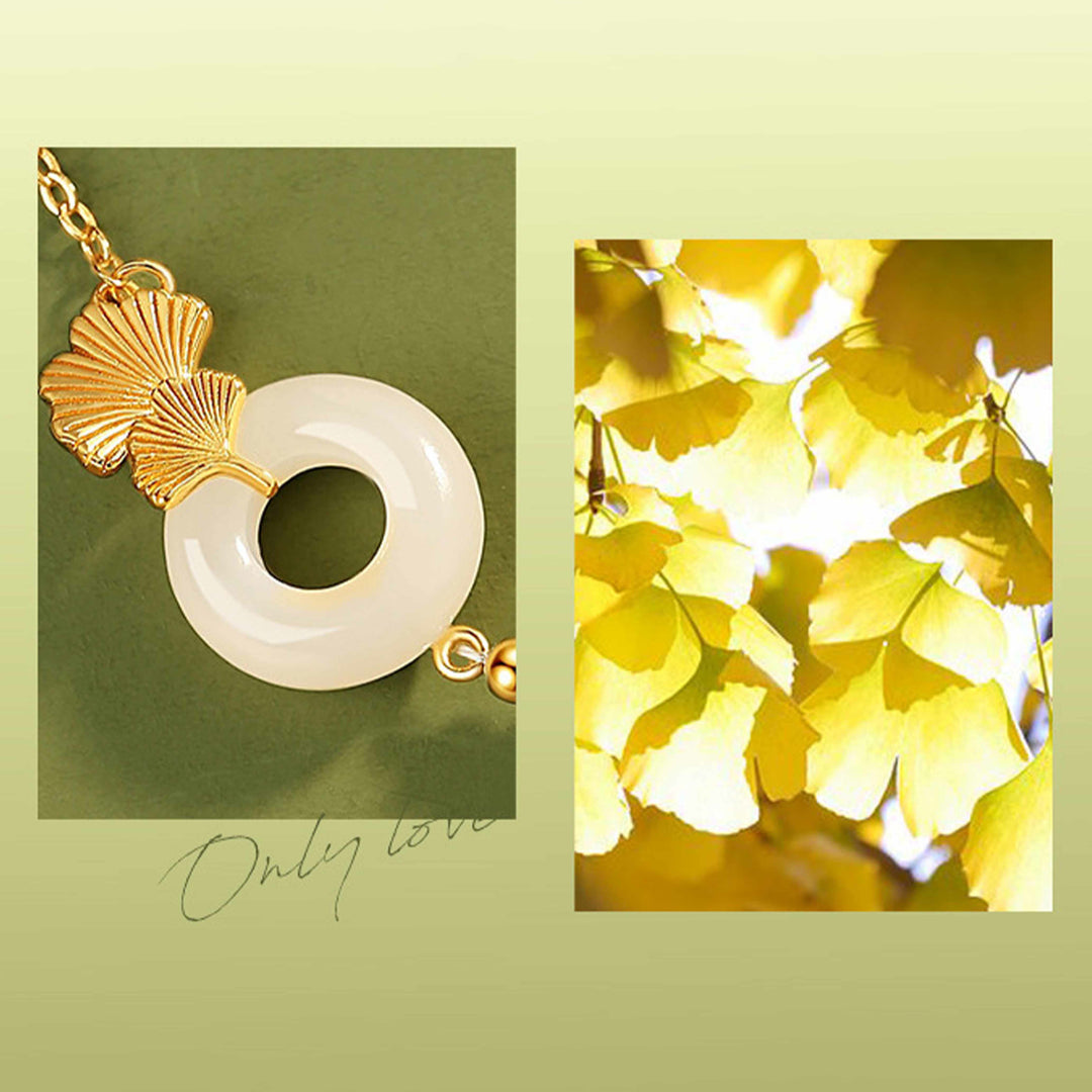 Buddha Stones 925 Sterling Silver Hetian White Jade Peace Buckle Ginkgo Leaf Luck Bracelet - image 7