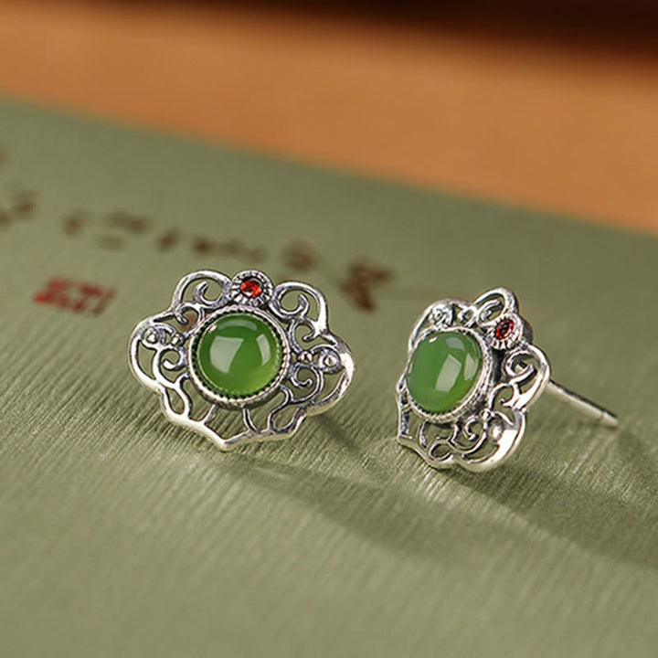 Buddha Stones 925 Sterling Silver Natural Hetian Cyan Jade Hollow Design Luck Ring Earrings Set