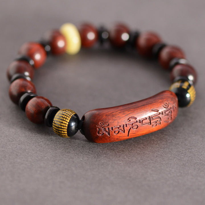 Buddha Stones Small Leaf Red Sandalwood Om Mani Padme Hum Engraved Protection Bracelet