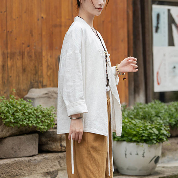 Buddha Stones Frog-Button Hanfu Design Shirt Top Ramie Linen Jacket