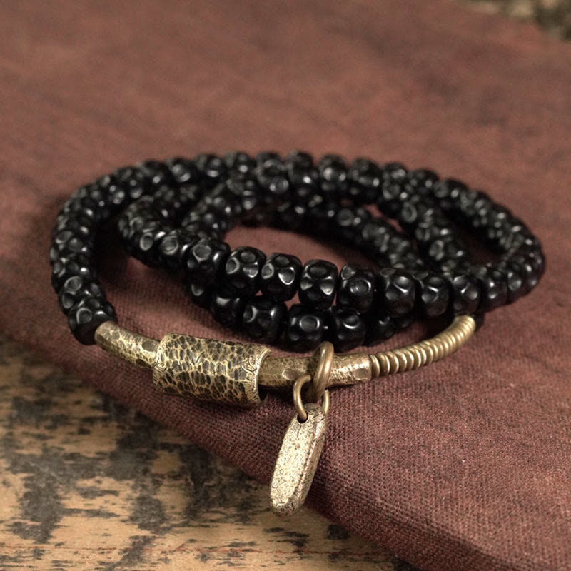 Buddha Stones Retro Coconut Shell Brass Copper Happiness Triple Wrap Bracelet - image 1