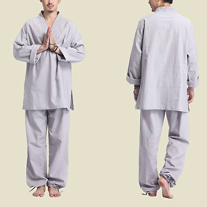 Buddha Stones Meditation Prayer V-neck Design Cotton Linen Spiritual Zen Practice Yoga Clothing Men's Set