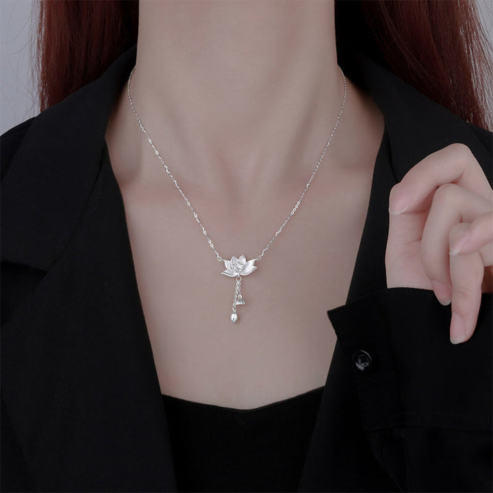 Buddha Stones 999 Sterling Silver Lotus Flower Pod Carved Enlightenment Necklace Pendant - image 8