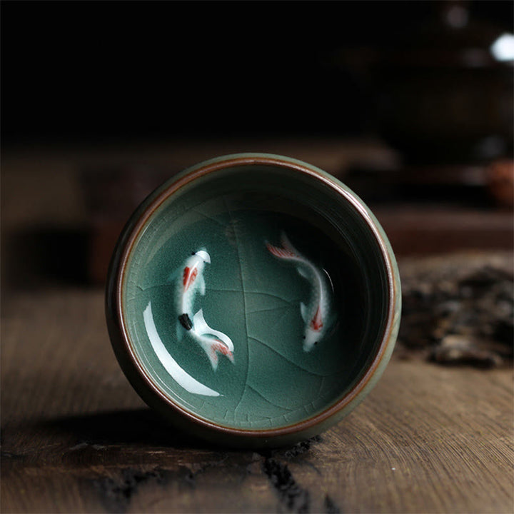 Buddha Stones Colorful Koi Fish Ceramic Teacup Kung Fu Tea Cup Bowl - Colorful Double Koi Fish 7.8cm*3.4cm*60ml - image 0