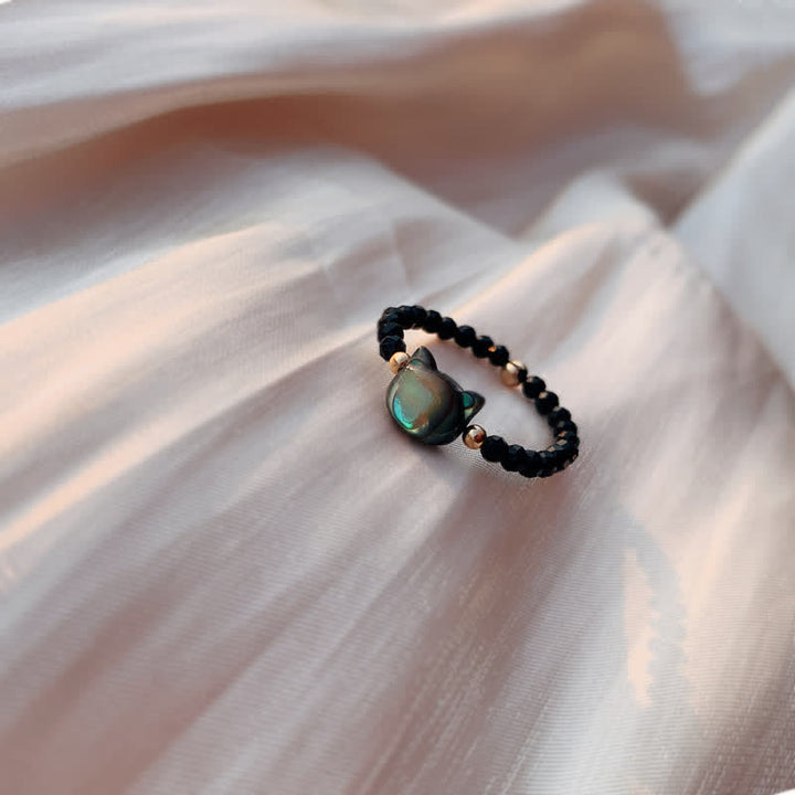 Buddha Stones Natural Tridacna Stone Lovely Cat 14K Gold Blessing Ring - Black - image 1