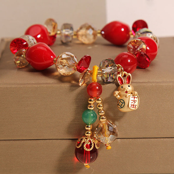 Buddha Stones Red Stone Lucky Cat Rabbit Fu Character Fortune Bracelet