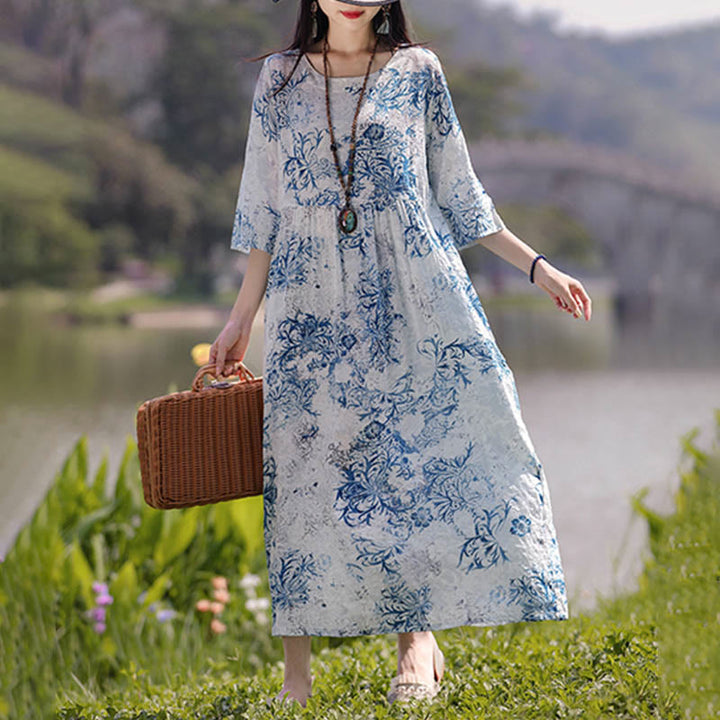 Buddha Stones Flowers Print Midi Dress Cotton Linen Tunic Dress With Pockets