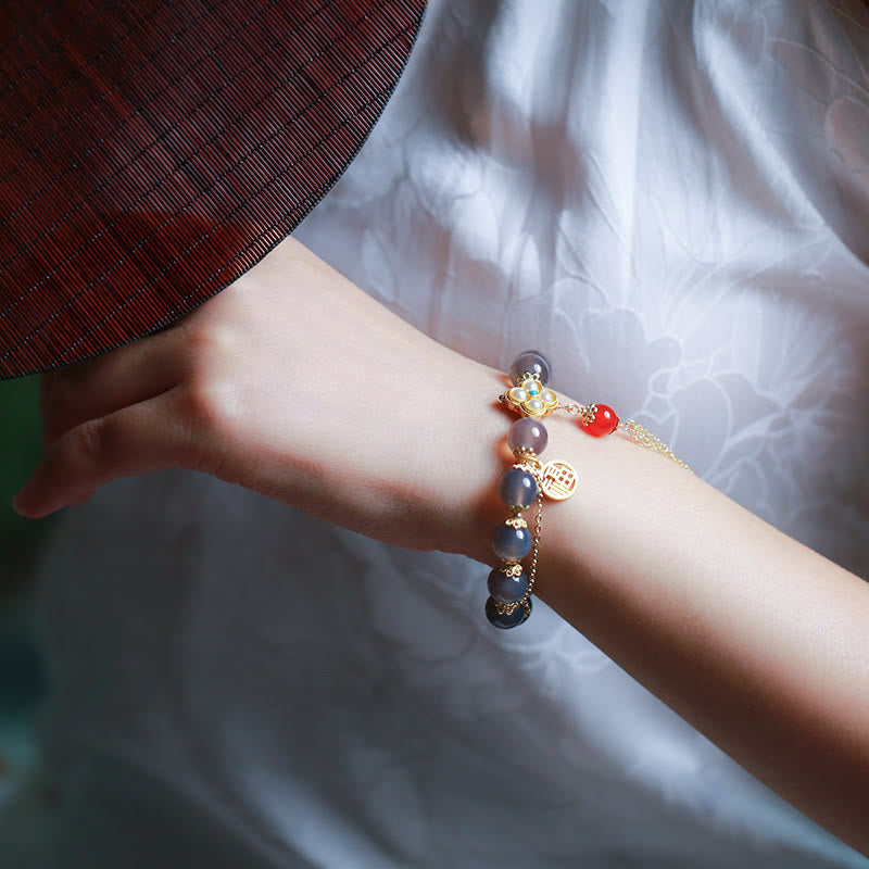 Buddha Stones Natural Gray Agate Fu Character Pearl Tassel Balance Bracelet